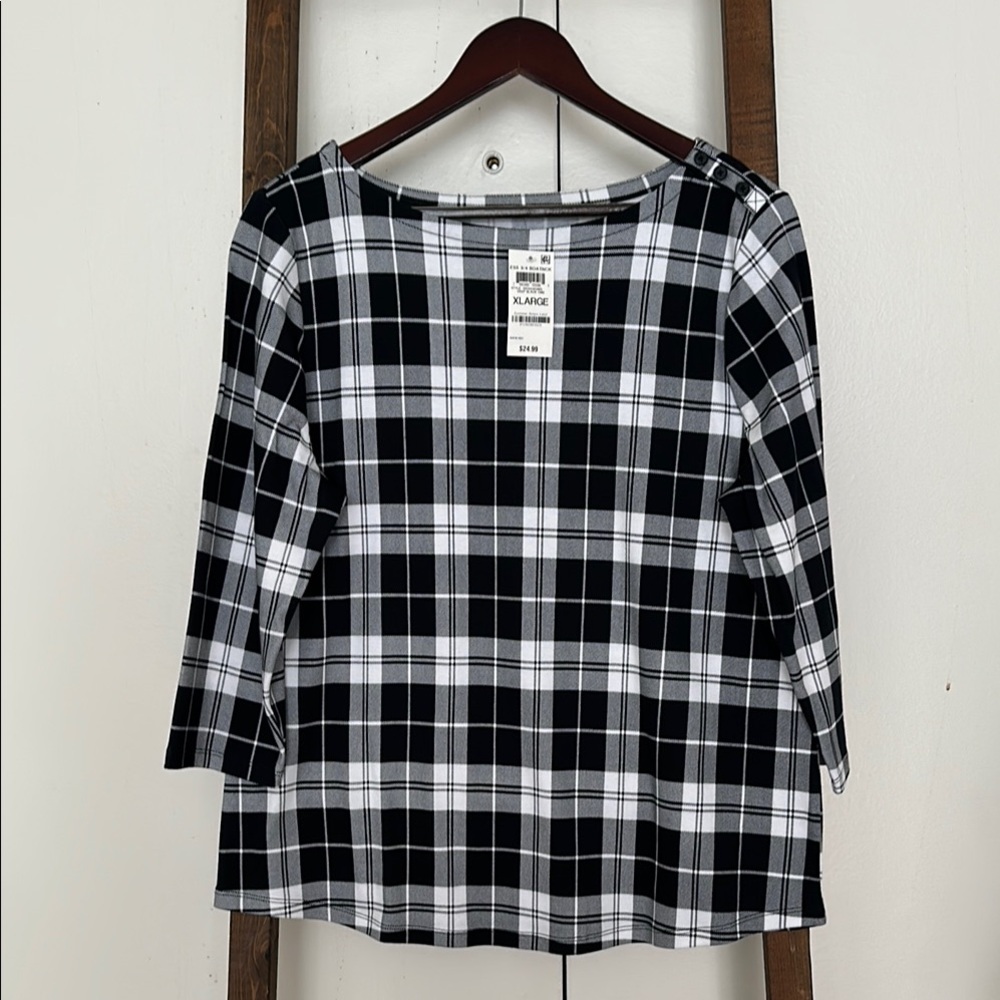 Charter Club Black and White Boxy 3/4 Sleeve Blouse